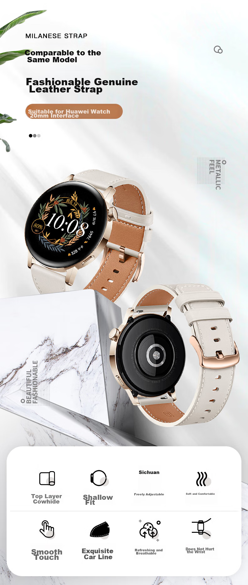 Weiqiantu Leather Watch Strap Compatible with Huawei Watch GT3/GT2/42MM GT3Pro/20mm, Women's Style, Universal for 42/43mm Watch Faces [Elegant White] 1