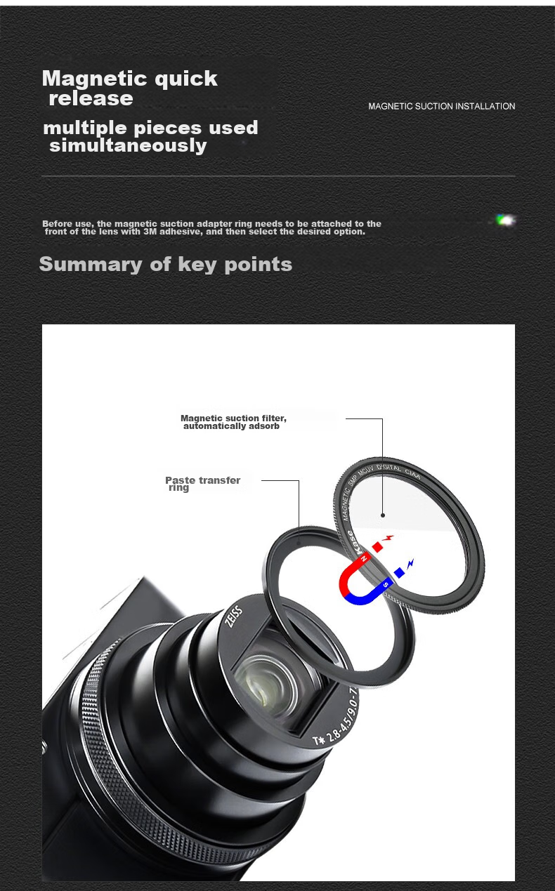 Kase Sony RX100 Black Card M7 M6 M5, Ricoh GR4 GR3, Panasonic Lx10 MCUV Lens, Protective Filter, Magnetic MCUV Lens + Adapter Ring 8