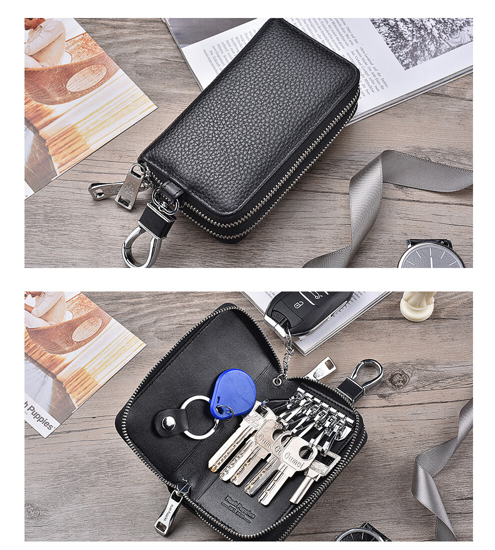 Hush Puppies Key Case for Men, Top-Grain Leather, Business Casual, Double-Layer Large Capacity Car Key Holder, Coin Purse, Birthday Gift 8