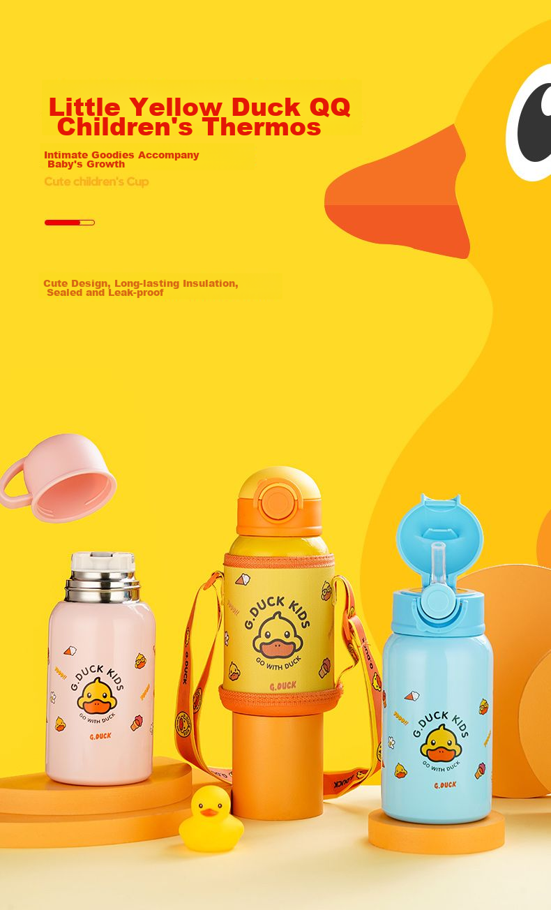 G.duck Children's Cartoon Insulated Water Bottle with Pop-Up Lid, 450ml, Stainless Steel Straw Cup with Pop-Up Lid - Pink 1