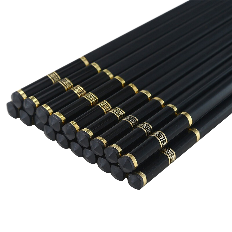 Shihua Alloy Chopsticks, Stainless And Mold-Resistant, 10 Pairs, for Home And Hotel Use, Japanese Style Chopsticks, Black Base with Golden Great Wall Edge Design, 24cm
