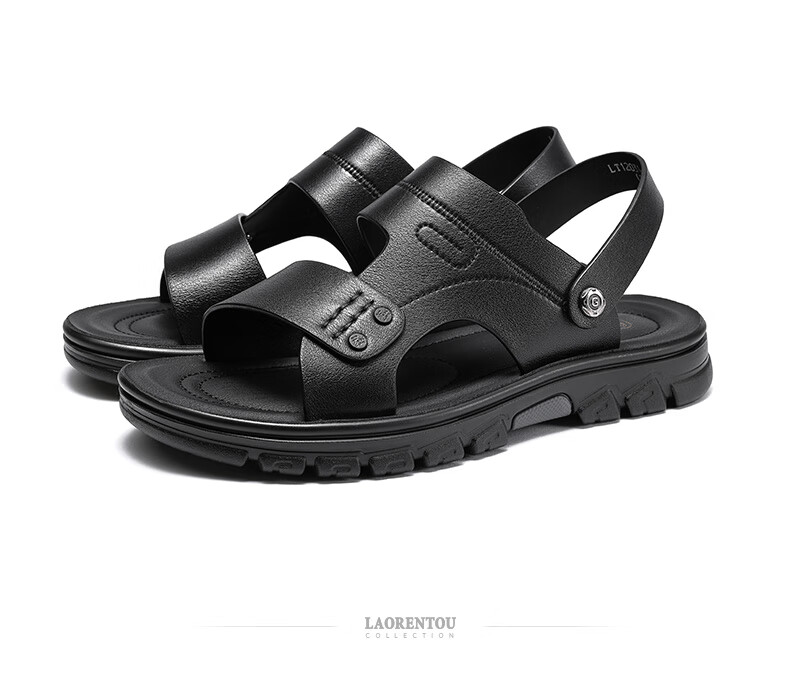 LAORENTOU Men's Beach Sandals Summer Breathable First Layer Cowhide Massage Sole Slippers Outdoor Casual Shoes LT12031 Black Size 40 8
