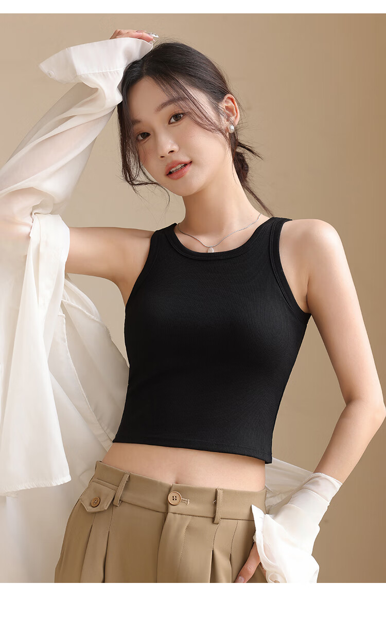 Hengyuanxiang [Pure Cotton] Women's Camisole Tank Top, Beautiful Back Design, Can Be Worn As Outerwear, Round Neck - Gray 25