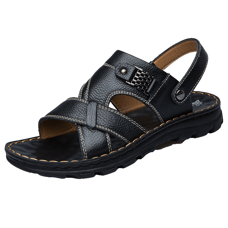 MEXICAN Top-Grain Leather Beach Sandals for Men, Breathable Slip-On Slides, Casual, Black, Size 41