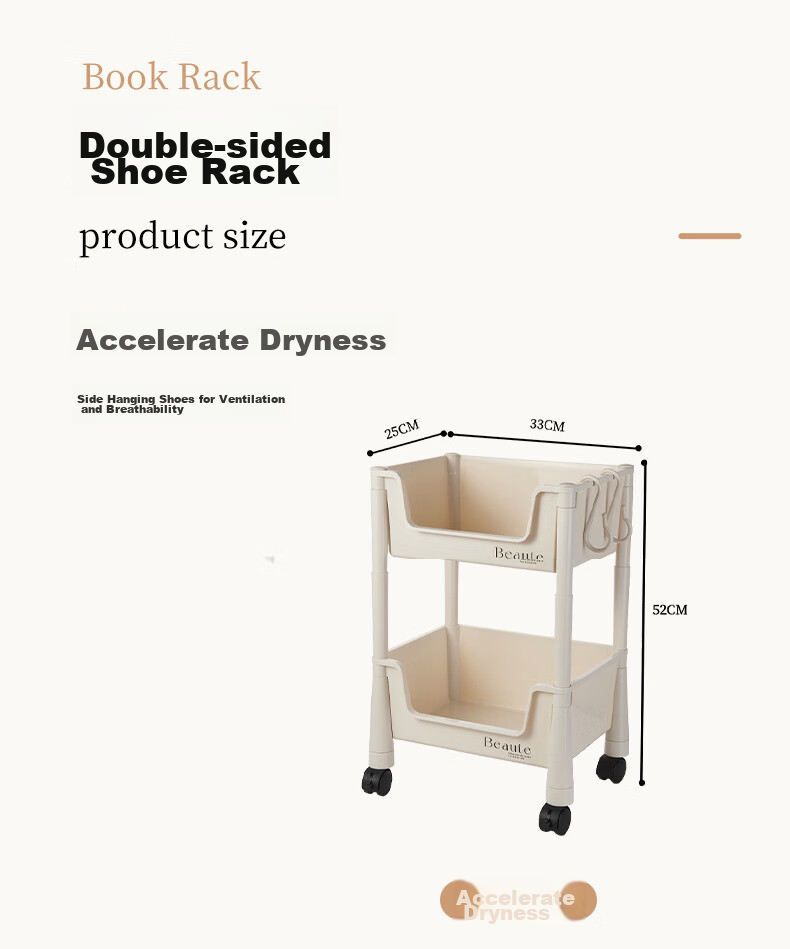 Yijia Bookshelf, Mobile Bookshelf, Storage Rack, Floor-Standing Multifunctional Storage Shelf, Two-Tier Storage Rack with Wheels 8