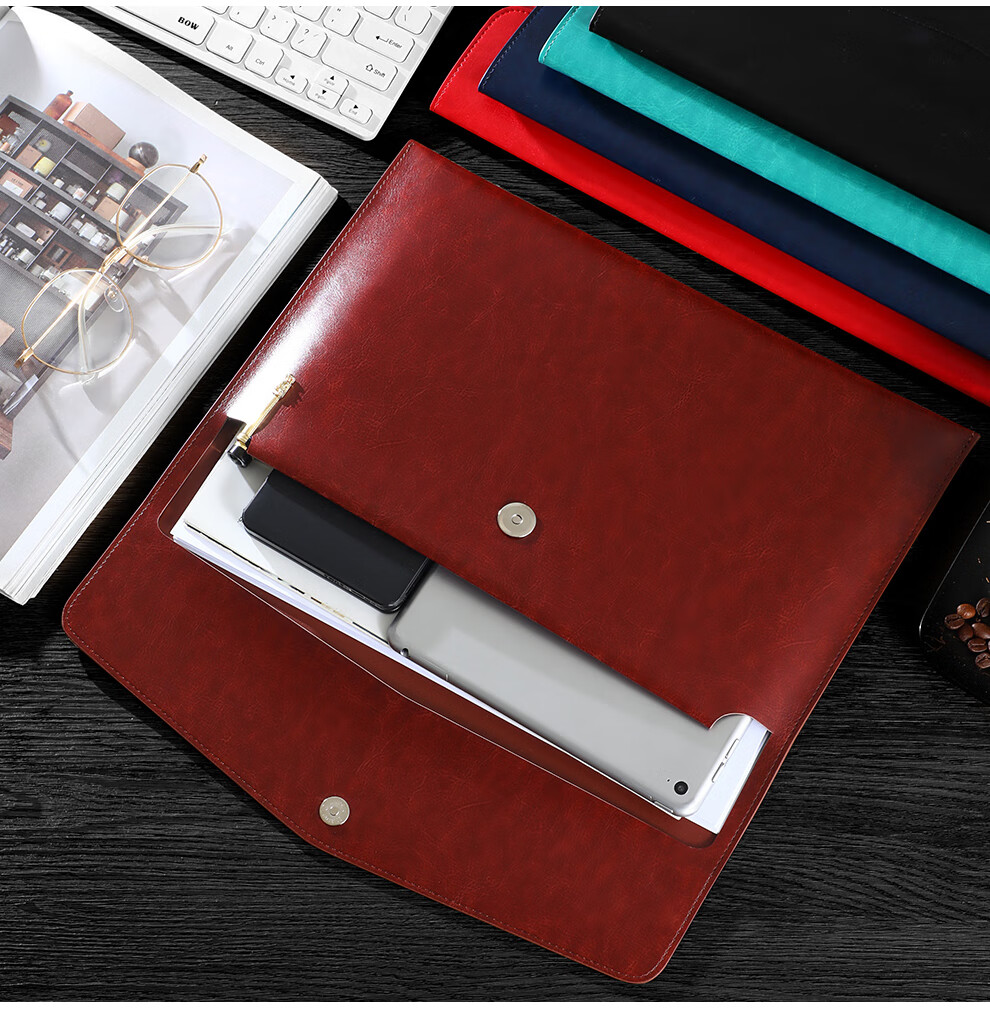 Jiaranheng A4 Leather Document Bag Upgraded Thickened Waterproof Large Capacity Classic Business Office Storage Bag Meeting Briefcase File Folder Contract Receipt Holder Custom Logo Business Brown 13