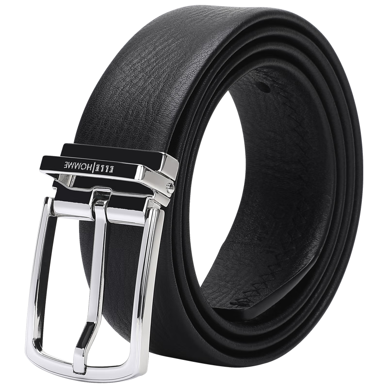 ELLE HOMME Men's Leather Belt, Fashionable Pin Buckle Waistband, Top-Grain Cowhide Casual Trouser Belt for Men, 4613 Black Birthday Gift for Me