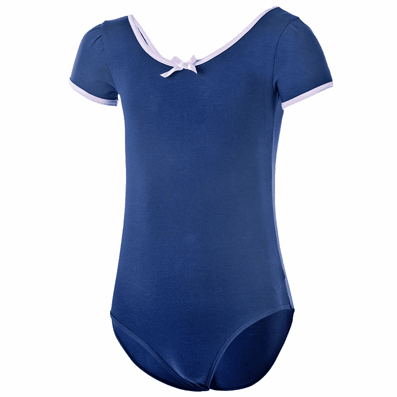 Sansha Children's Practice Leotard, Short-Sleeve Ballet Dance Bodysuit, Bow-Tie Performance Costume for Girls, Y1613 Navy Blue, Size L