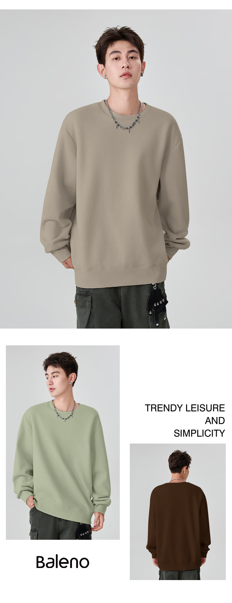 Baleno Sweatshirt for Men, Winter Trendy American Retro Round Neck Men's Jacket, Loose Thick Fleece-Lined Warm Youth Long-Sleeve 16