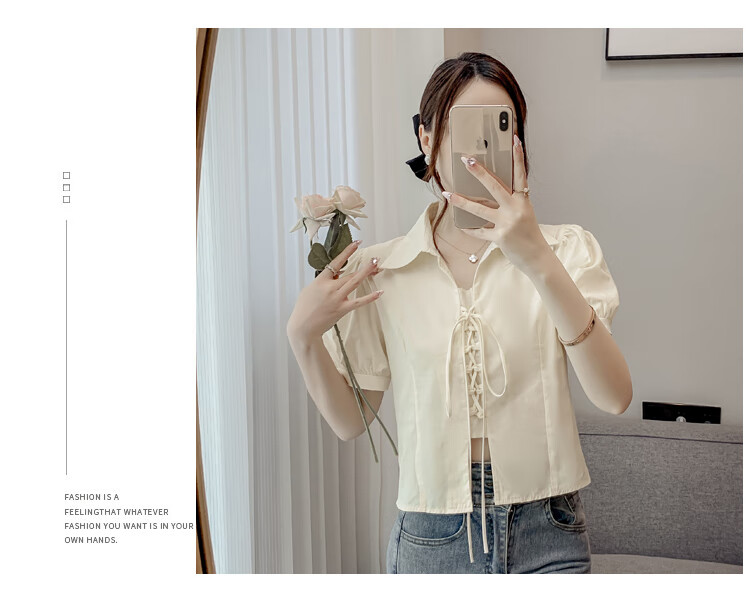 JEANSWEST Women's Summer 2025 Loose Puff Sleeve Short Sleeve Crop Shirt White L 11