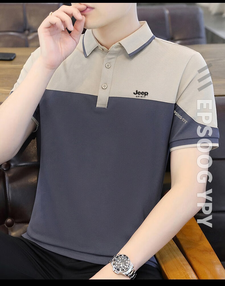 JEEP SPIRIT Short-Sleeve T-Shirt, Summer Polo Shirt, Business Casual Trendy Collared Half-Sleeve Shirt, Breathable, Gray-Blue, Size M 11