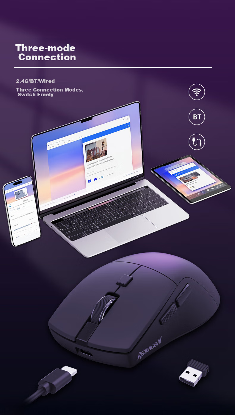 REDRAGON G69 Gaming Mouse, Comfortable for Hand, Wireless Mouse, E-Sports Mouse, Office Mouse, New Year Gift, Tri-Mode, White 2