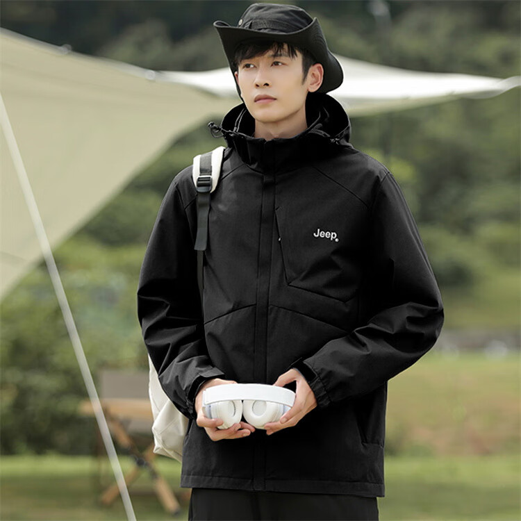 JEEP Men's Jacket, Simple Loose Fit, Hooded Sports Outdoor Clothing, Men's Outerwear, 075 Black, Size M 16