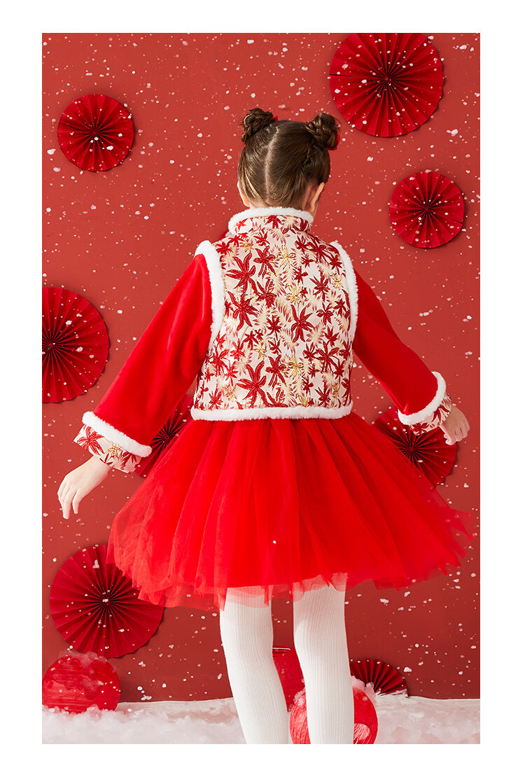 Classic Teddy Girls' Hanfu Children's Outfit Set, Big Kids' Vest Dress, New Chinese-Style New Year Costume Two-Piece Set, Bright Red 130 10