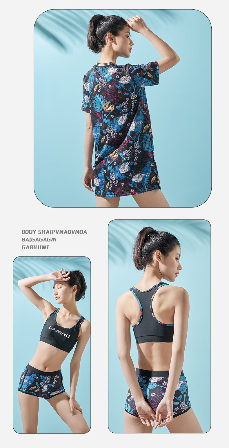 Li-Ning Women's Three-Piece Swimsuit Set, Beach Vacation Sun Protection Cover-Up, Tummy Control Slimming Swimwear for Hot Springs, 727 Black And Blue, Size M 14