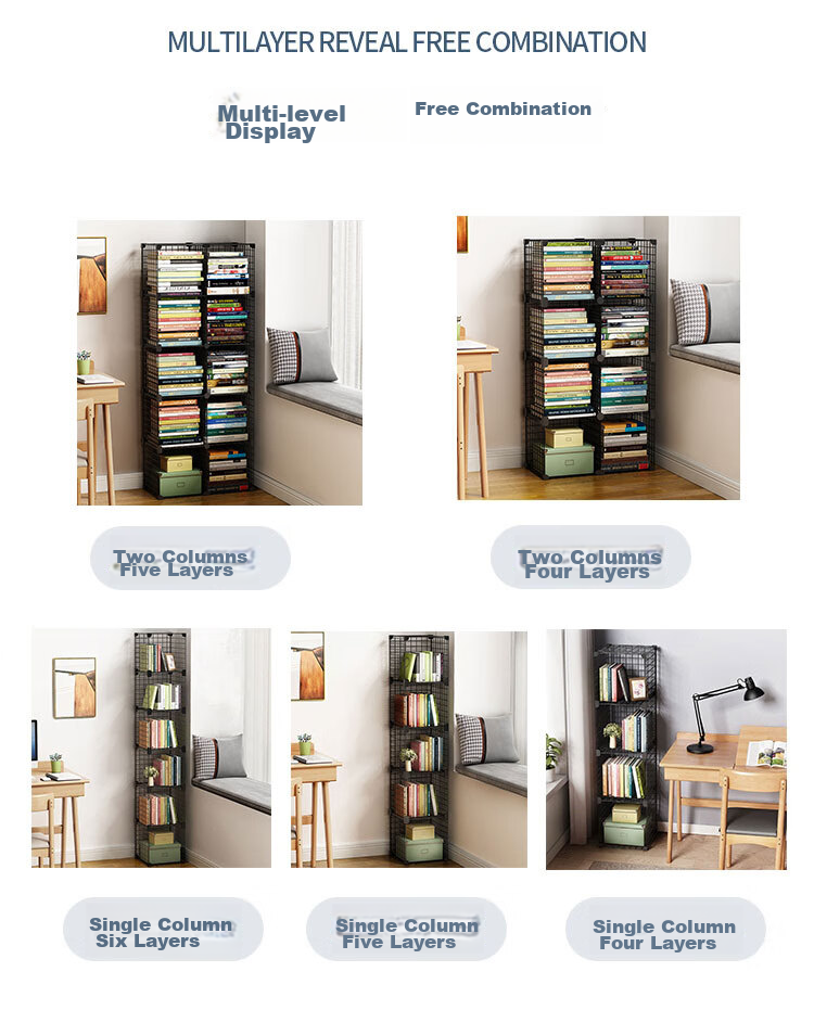 Anerya Simple Floor-Standing Iron Bookshelf, Living Room Storage Rack, Bedside Organizer And Display Shelf, Free Combination Design, Large Capacity Narrow Bookcase 11