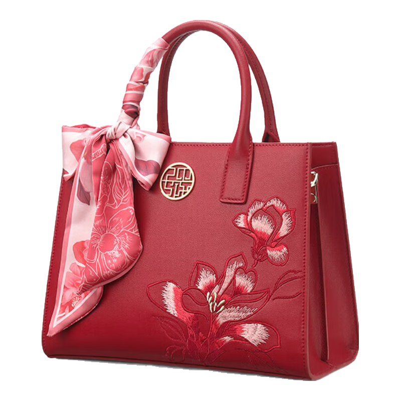 PmSix Women's Handbag, Cowhide Leather, Large Capacity, Red Wedding Tote Bag, Middle-Aged Ladies Crossbody Bag, Birthday Gift for Mom