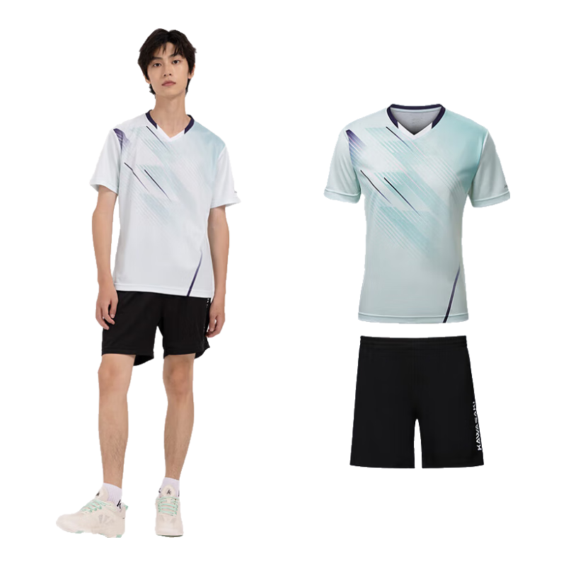 KAWASAKI Badminton Outfit for Men, Professional Sports V-Neck Short Sleeve + Shorts Set B1813, Matcha Green, 4XL