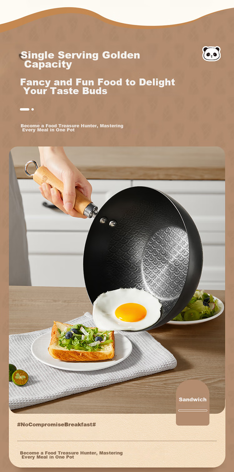 COOKER KING Small Iron Wok, Frying Pan for Home Use, Flat Bottom Pan, Baby Food Pot, Single Serving Pan for Induction Cooker, 20cm 5