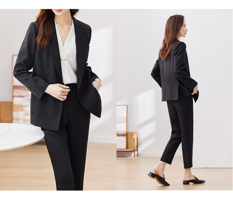 Sentubila Formal Professional Suit Set for Women, Spring And Autumn Elegant Blazer Jacket with Cropped Pants Two-Piece Set, Black, Size S 15