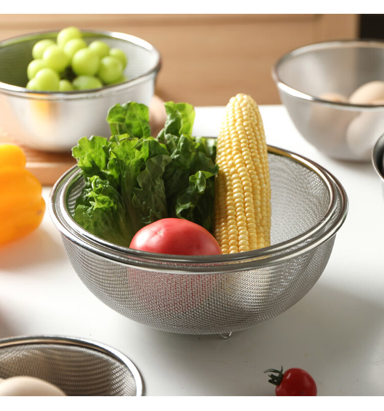 Quanshi Round Fruit Strainer Set of Four, Draining Basket, Vegetable Washing Basket, Kitchen Fruit Basket, Vegetable Selection Basket, Draining Colander, Green Vegetable Basket 18