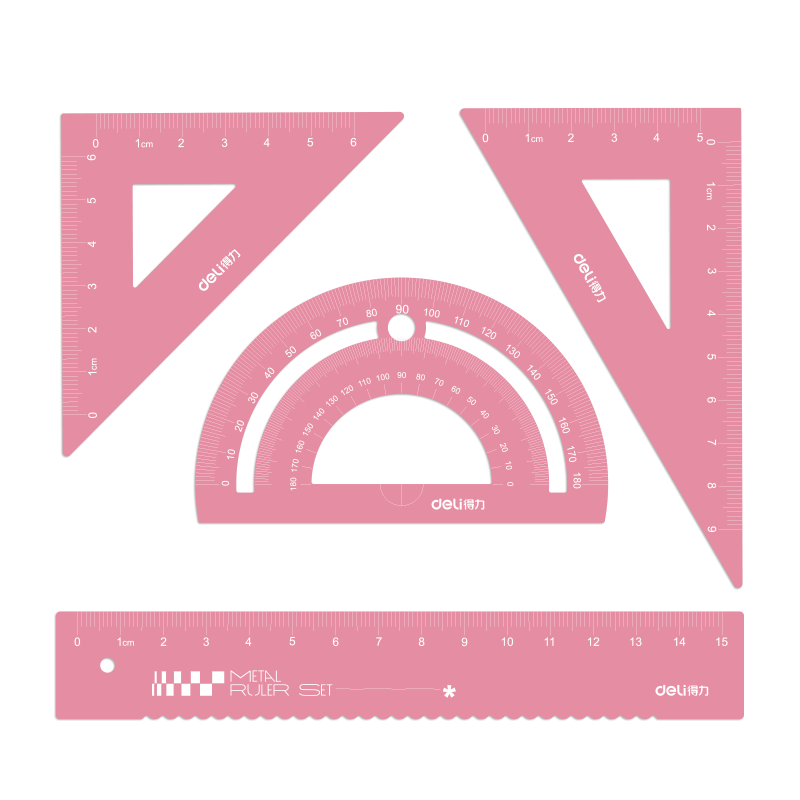 Deli Metal Exam Drawing Ruler Set (Straight Ruler + Triangle Ruler *2 + Protractor) High School Entrance Exam Blessing Gift Stationery Elementary School Student Ruler Set Pink Ruler