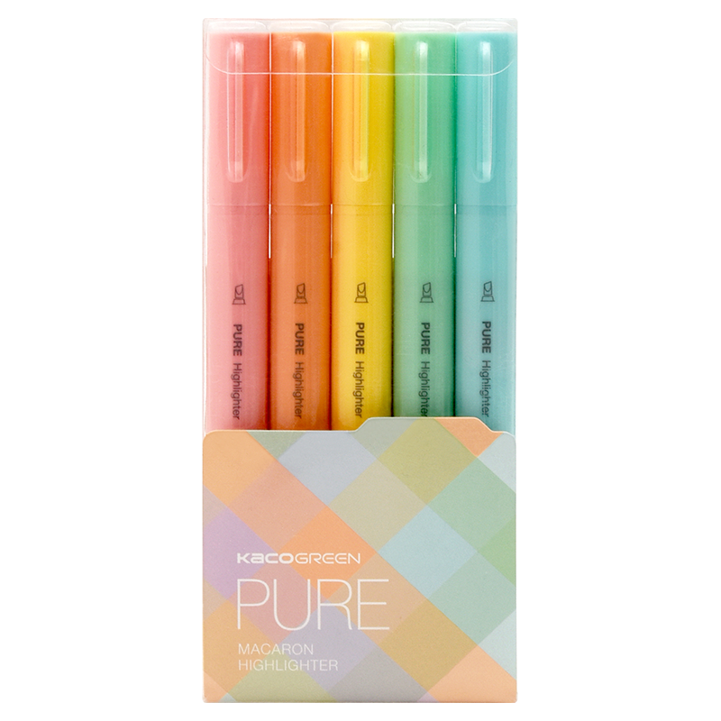 [Back to School Essential] KACO Pastel Highlighters, Non-Bleeding High-Quality Stationery Set, Colorful Marking Pens for Journaling, Water-Based Markers, Mixed Colors, 5 Pens/Box K1045