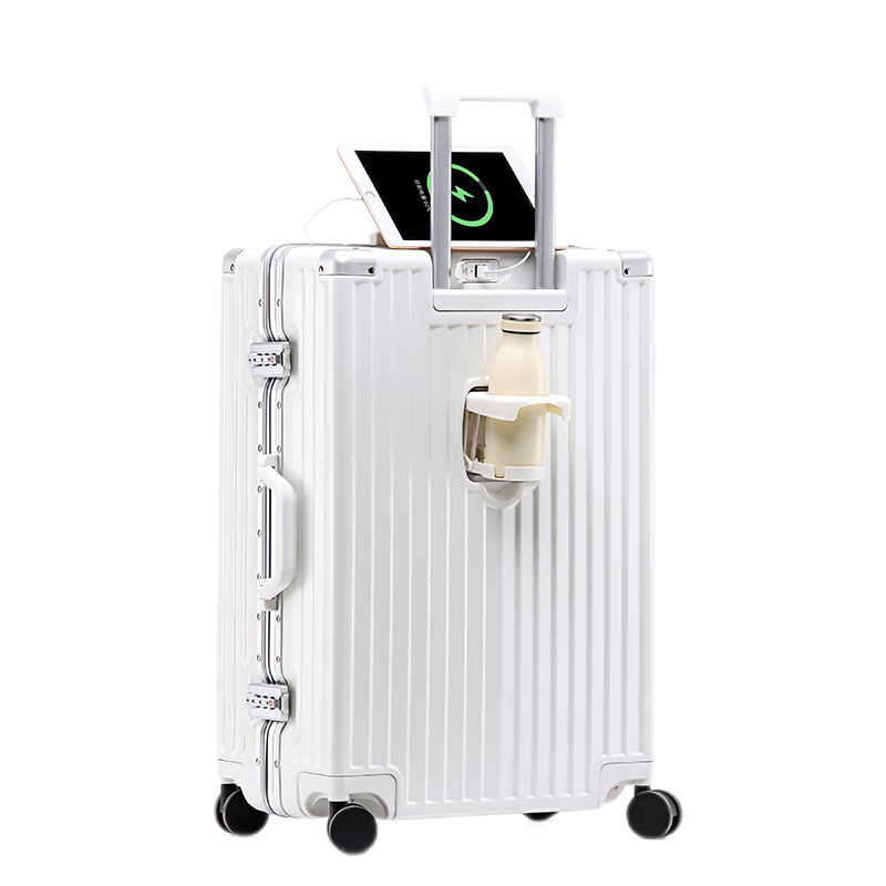 DULA Aluminum Frame Suitcase with Cup Holder, USB Charging Port, Password Lock, And Leather Trim, Moonlight White, 24 Inches