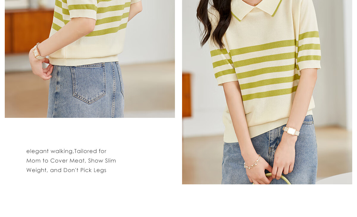 Taxiang Women's Short-Sleeve T-Shirt, Doll Collar Thin Knit Top, Summer Women's T-Shirt, Contrasting Color Top, T144T1629 19
