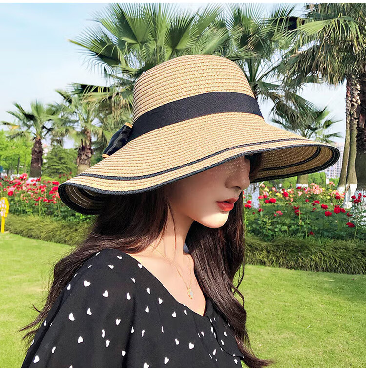 GLO-STORY Women's Sun Hat, Straw Hat for Outdoor Travel, UV Protection, Wide Brim Beach Hat with Bow, WMZ824169 13