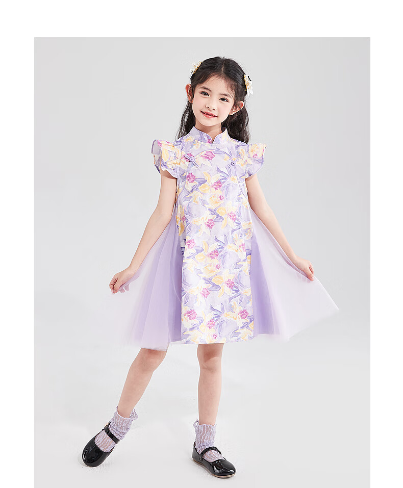 DEESHA Girls' 2025 Summer Printed Mesh Hanfu Qipao, Green Floral Print, Size 90 12