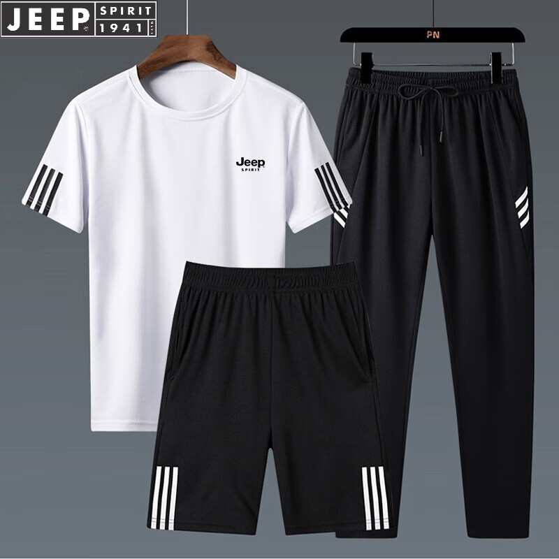 JEEP SPIRIT Men's Summer Short-Sleeve T-Shirt Set, Three-Piece Outdoor Sports Versatile Outfit, White Three-Piece Set, 2XL 23