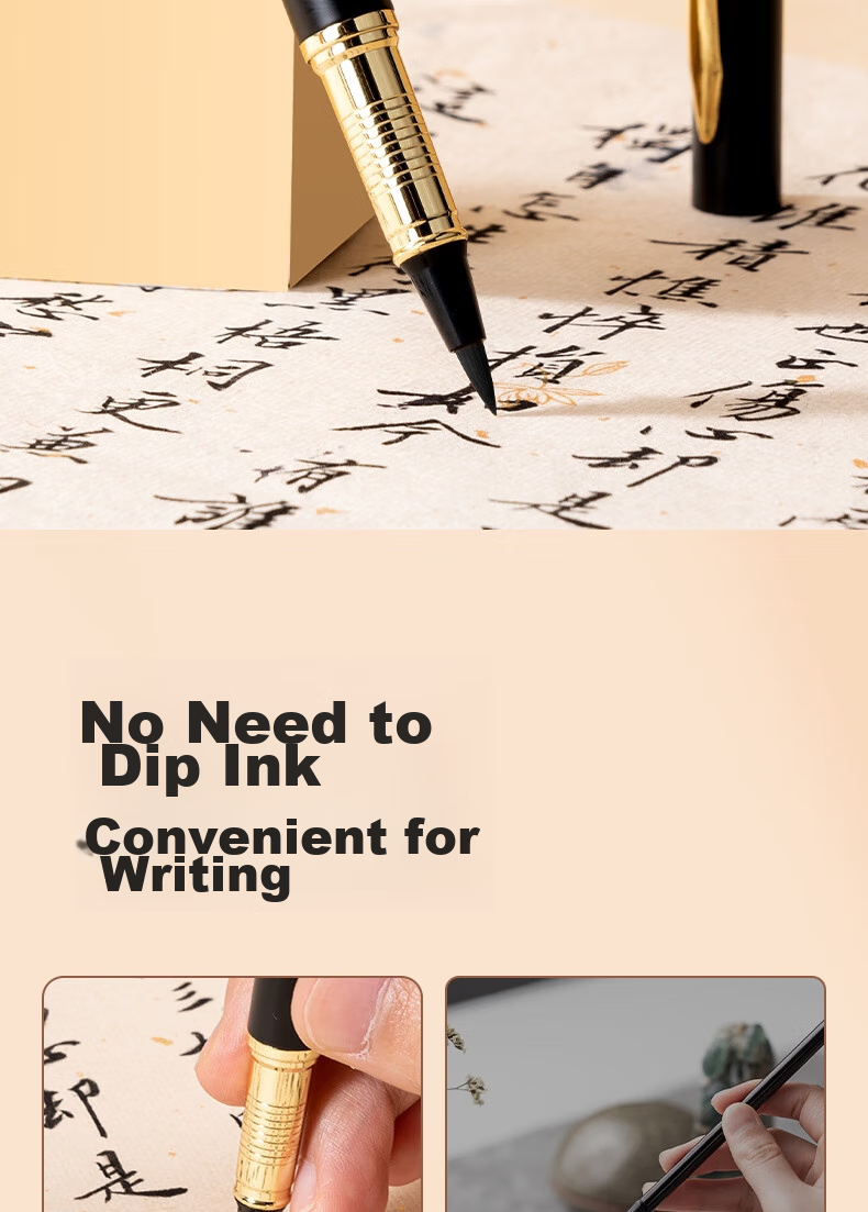 Deli Fountain Pen-Style Brush Pen, Soft Calligraphy Practice Pen for Small Regular Script, Refillable Ink, Adult Beginner Student Calligraphy Copybook Practice Pen with Soft Wolf Hair Tip, Portable Sutra Writing Pen for Business, Black And Gold 2