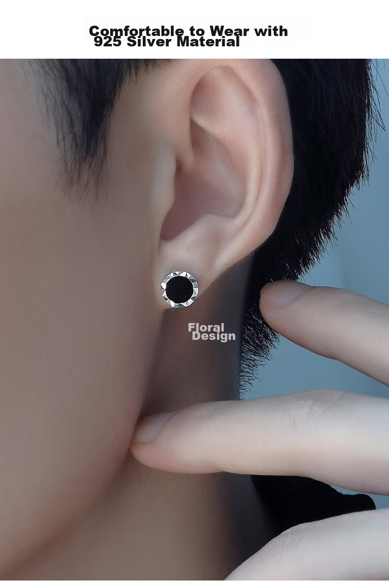 Dijing 925 Sterling Silver Stud Earrings for Men, Single Pair, Cool And Stylish High-End Look, Black Earrings, Birthday Gift for Me 2