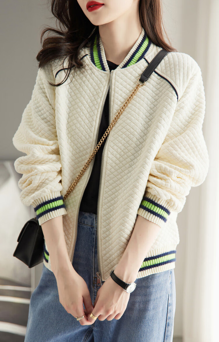Dme Knitted Chanel-Style Spring And Autumn Baseball Collar Long-Sleeve Zipper Slightly Stretchy Quilted Jacket for Women, Short Style, Off-White, M 14