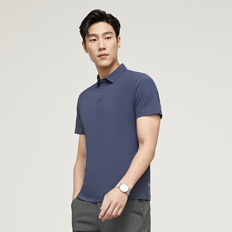 YOUNGOR [Sun Protection + Cool Feeling] 26 Solid Color Moisture-Wicking Breathable Short-Sleeve Polo Shirt, Navy Blue, M