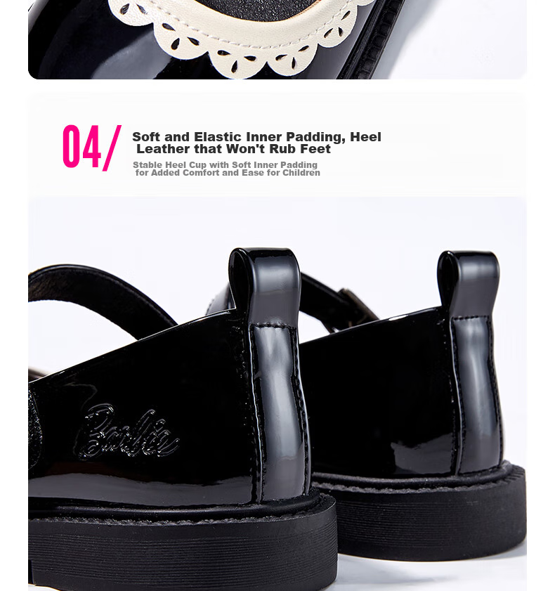 Barbie Children's Shoes, Spring And Autumn Leather Shoes for Girls, British Style Princess Shoes, Performance Shoes, Academic Style Flats DA5825, Black, Size 29 10