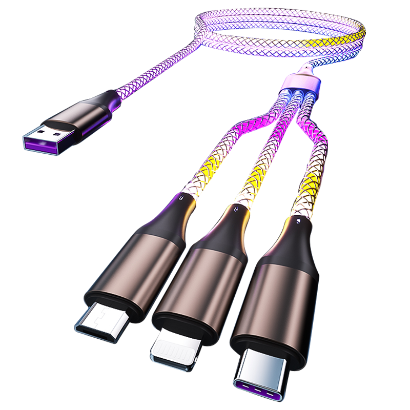 Zitai [RGB Colorful Lighting/flowing Light] 5A Three-In Super Fast Charging Data Cable, 66W Three-In Charging Cord, Compatible with Apple 18/17/16/15 And Huawei Phones, Universal, 1.2 Meters