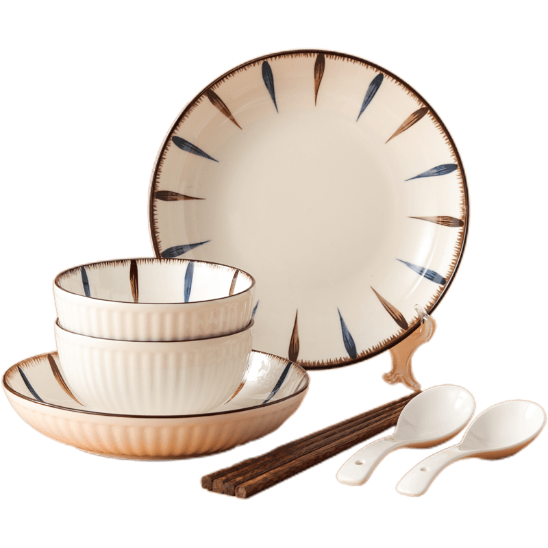 Hechuanwu Japanese-Style Tableware Set for Home Use, Underglaze Colored Bowls And Plates Set for Two, 8-Piece Elegant Line Desig