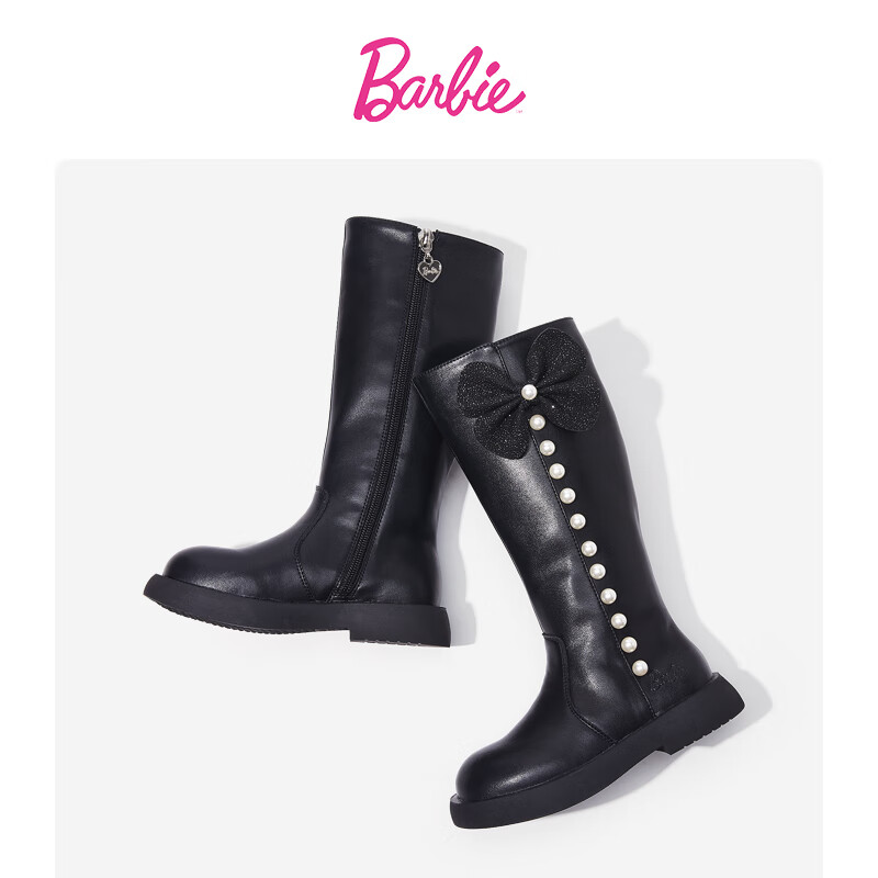 Barbie Children's Shoes, Girls' Autumn And Winter Tall Boots, Big Kids' Knight Boots, Versatile High-Top Boots, Fleece-Lined DA5639 Black Size 28