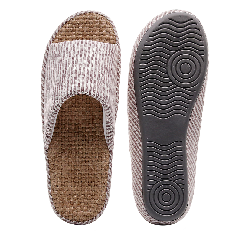GUOLUOFEI Japanese Style Linen Slippers for Men Indoor Couples Soft Sole Summer Four Seasons Floor Slippers Coffee Color Size 41-42
