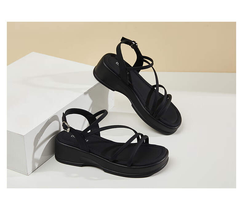 DAPHNE Fairy-Style Platform Sandals for Women, Wedge Beach Shoes with Ankle Strap Roman Sandals 4623303090 Black Size 36 15