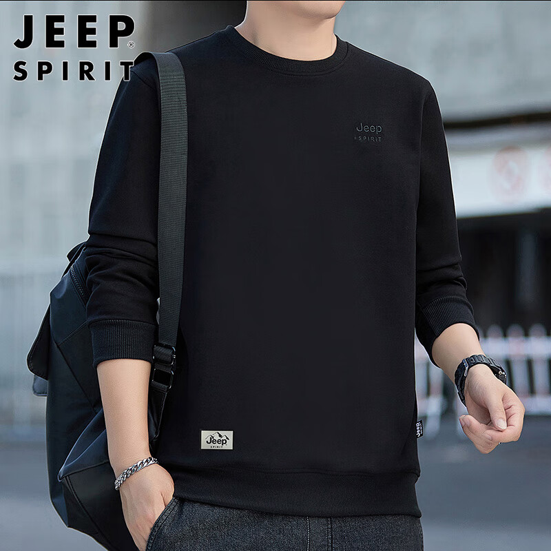 JEEP SPIRIT Men's Sweatshirt, Spring Korean Style, Round Neck Long Sleeve T-Shirt Undershirt for Men, Black, 4XL