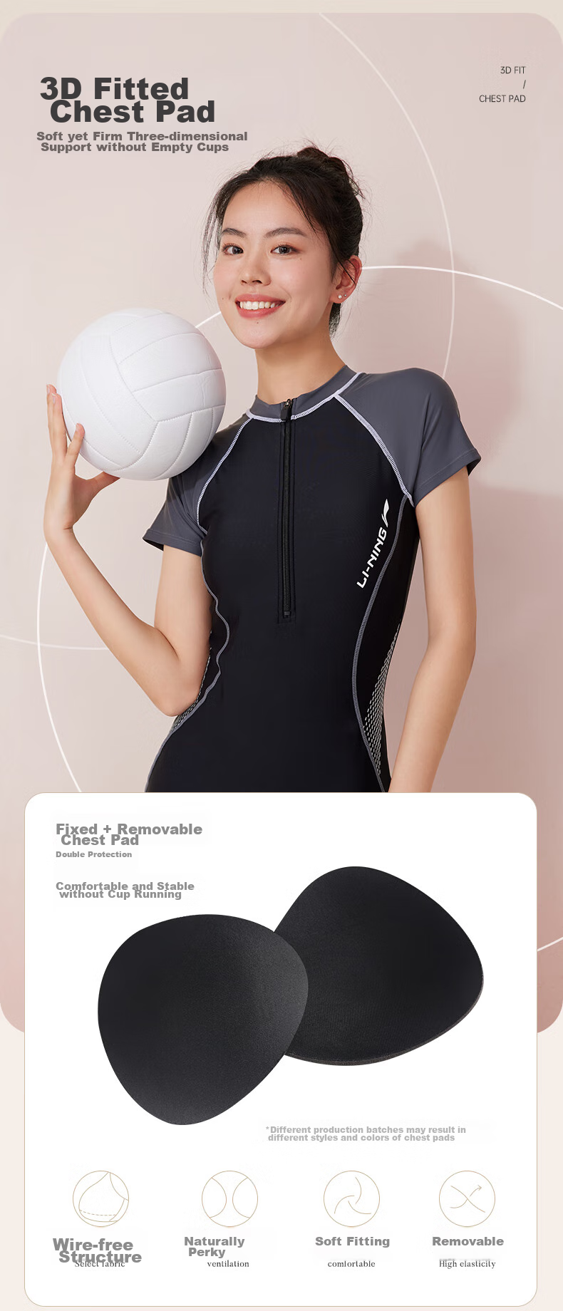 Li-Ning Women's Professional One-Piece Boyleg Swimsuit, Short-Sleeve Quick-Dry Conservative Swimwear LNYT035, Black And Gray, XXL 6