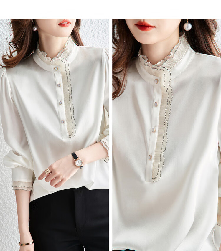 Dme [16 Mm Elastic Satin Mulberry Silk Blouse], Spring And Autumn Stand-Collar Puff Sleeve Women's Wear, Pure Silk Shirt for Wome 14