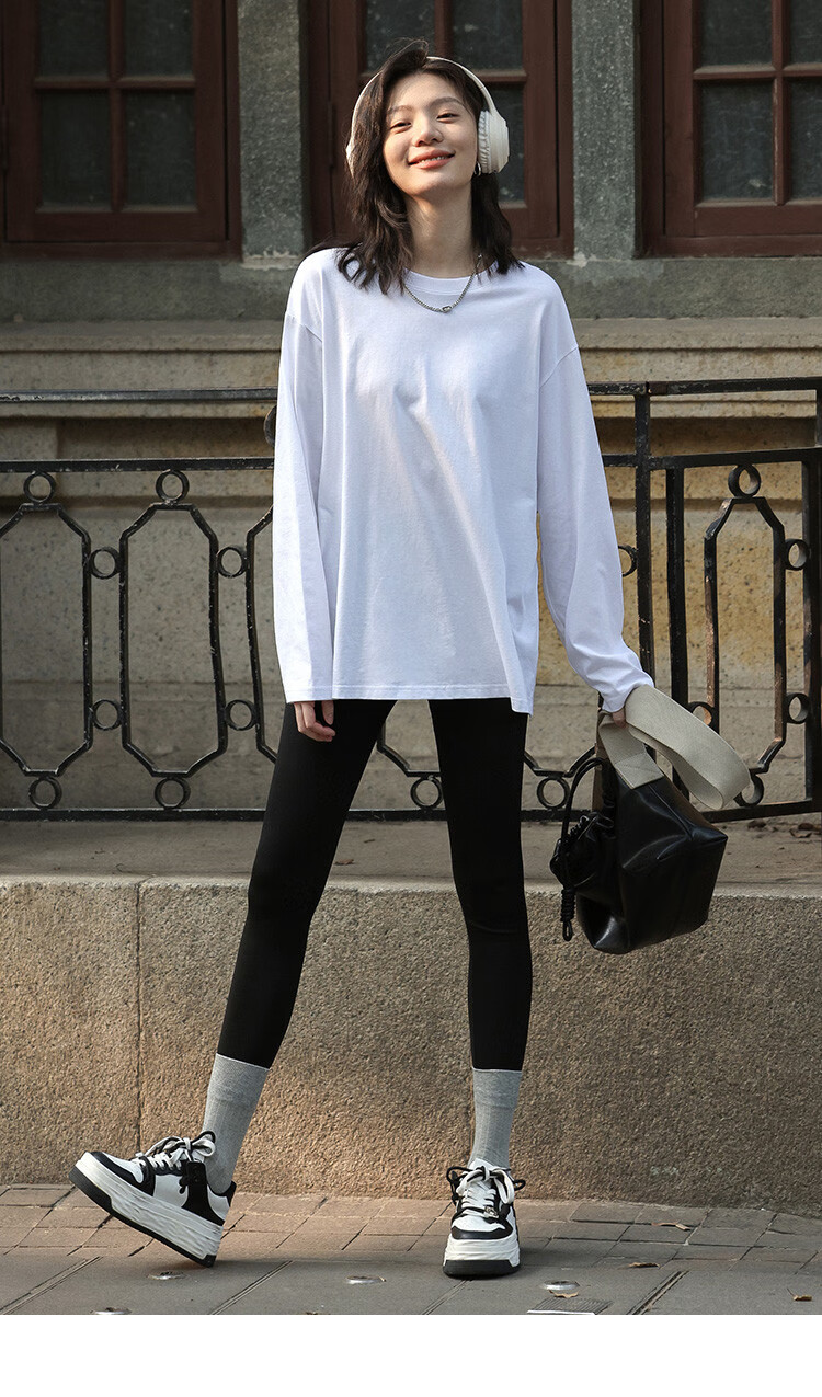 TUCANO Long-Sleeve Base Shirt for Women, Pure Cotton Heavyweight T-Shirt, Regular Shoulder Loose Fit Versatile Slimming Spring And Autumn Casual Top, White, XL 13