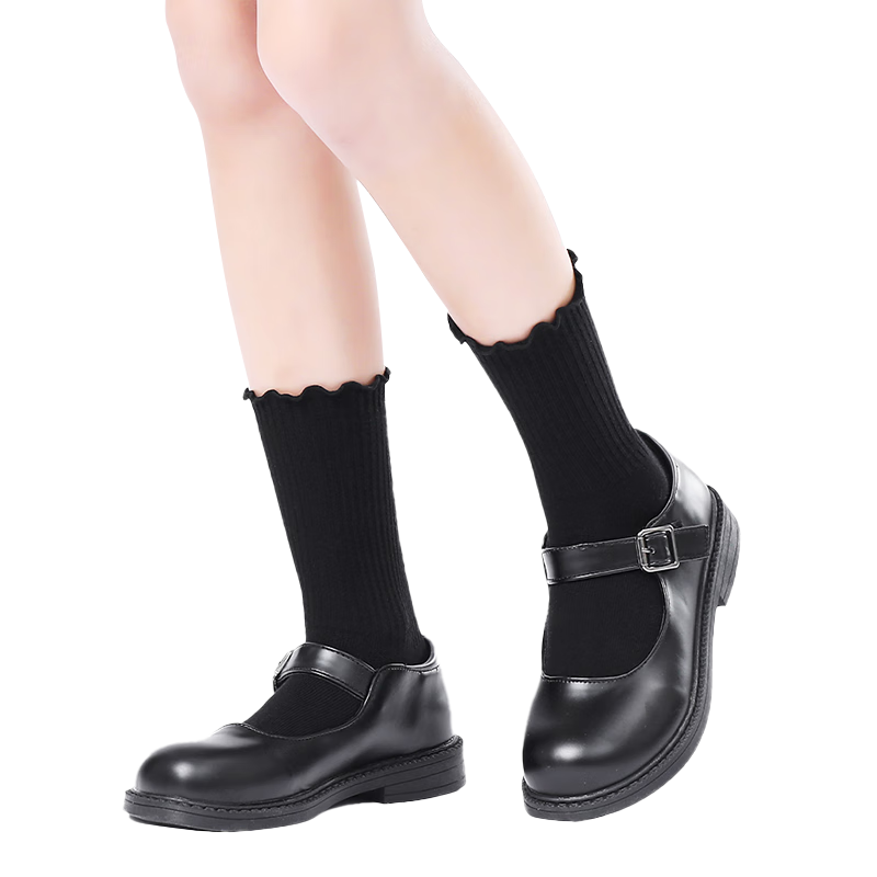 Zhiyouban Girls' Black Socks for Spring, Autumn And Summer Cotton Mid-Calf Socks with Princess Lace Trim for Girls, White Versatile Student Socks