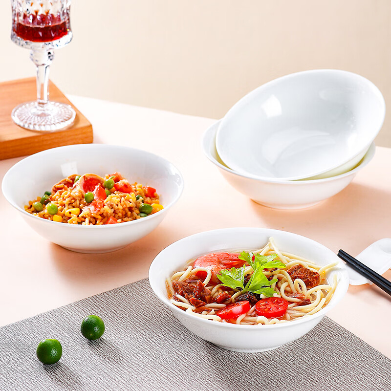 Sky Top Bone China Soup Bowl, Ceramic Rice Bowl, Salad Bowl, Pure White Household Tableware Set, 6-Inch Gaiwan, 4 Pieces