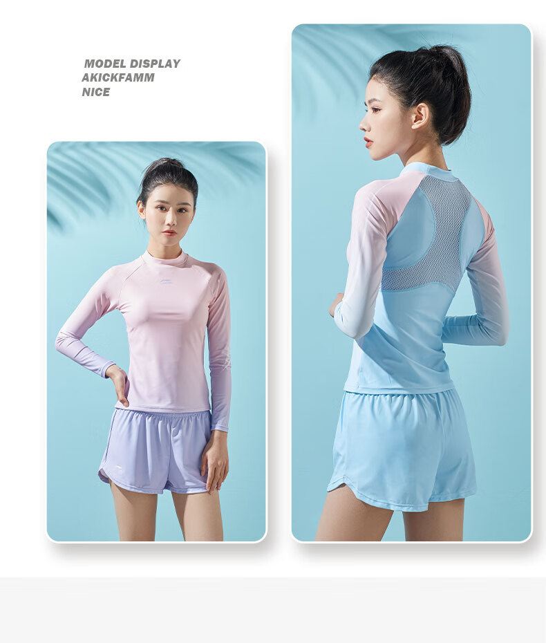 Li-Ning Women's Swimsuit, Sports Casual Two-Piece Swimwear, Fashionable Color-Block Long-Sleeve Hot Spring Resort Swimwear, 072 Blue Pink, 3XL 12