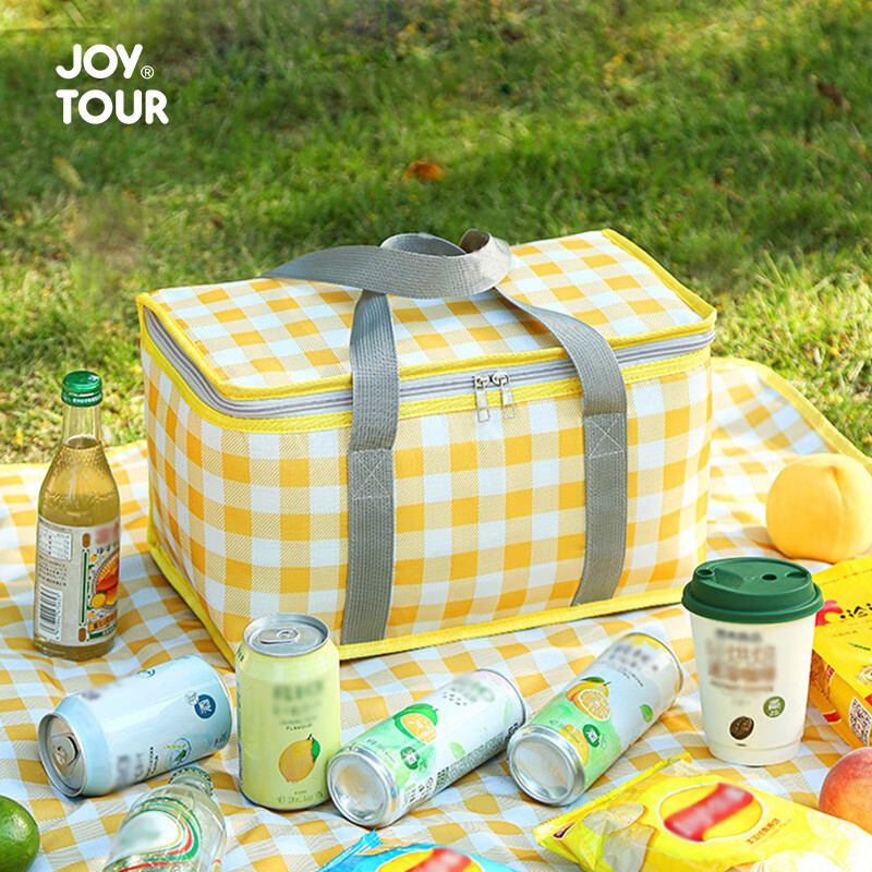 JOYTOUR Insulated Picnic Bag, Outdoor Portable Folding Camping Lunch Box Bag, Cold Storage Bag, Travel Picnic Basket, Yellow And White Checkered Patter
